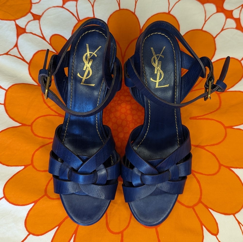 Yves Saint Laurent YSL Navy Leather Tribute 75 Strappy Sandals